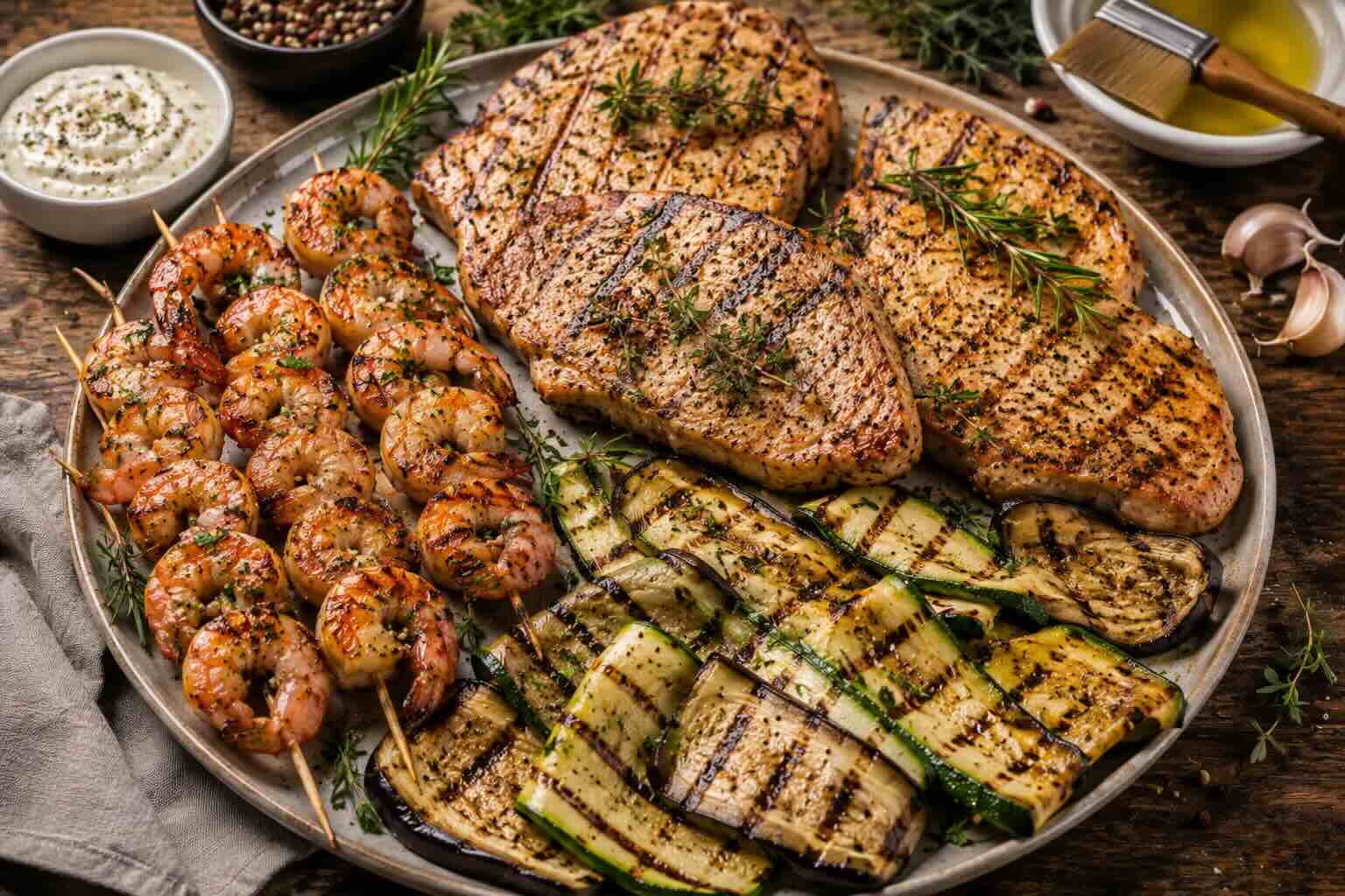 BBQ-Abend mit Putensteaks, Garnelenspießen und Grillgemüse