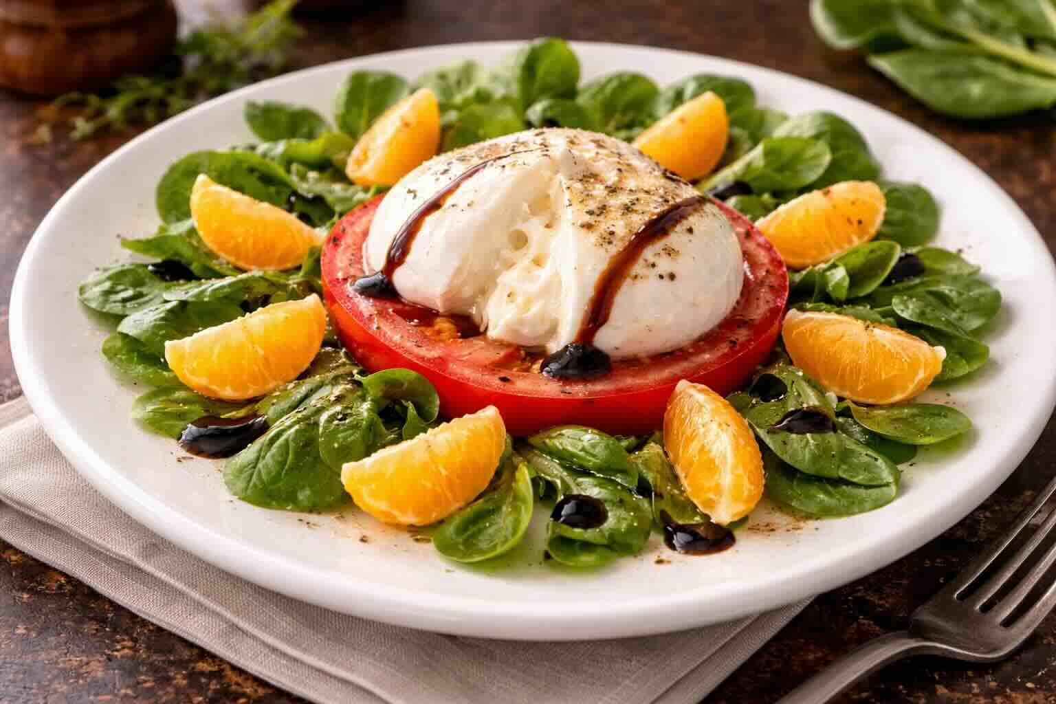 Burrata auf Feldsalat und Tomate