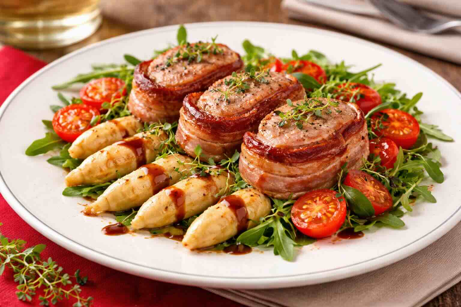 Filetscheiben mit Spargel auf Rucola-Tomaten