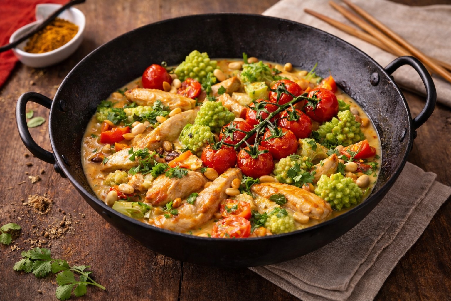 Hähnchenwok mit Romanesco und Kirschtomaten