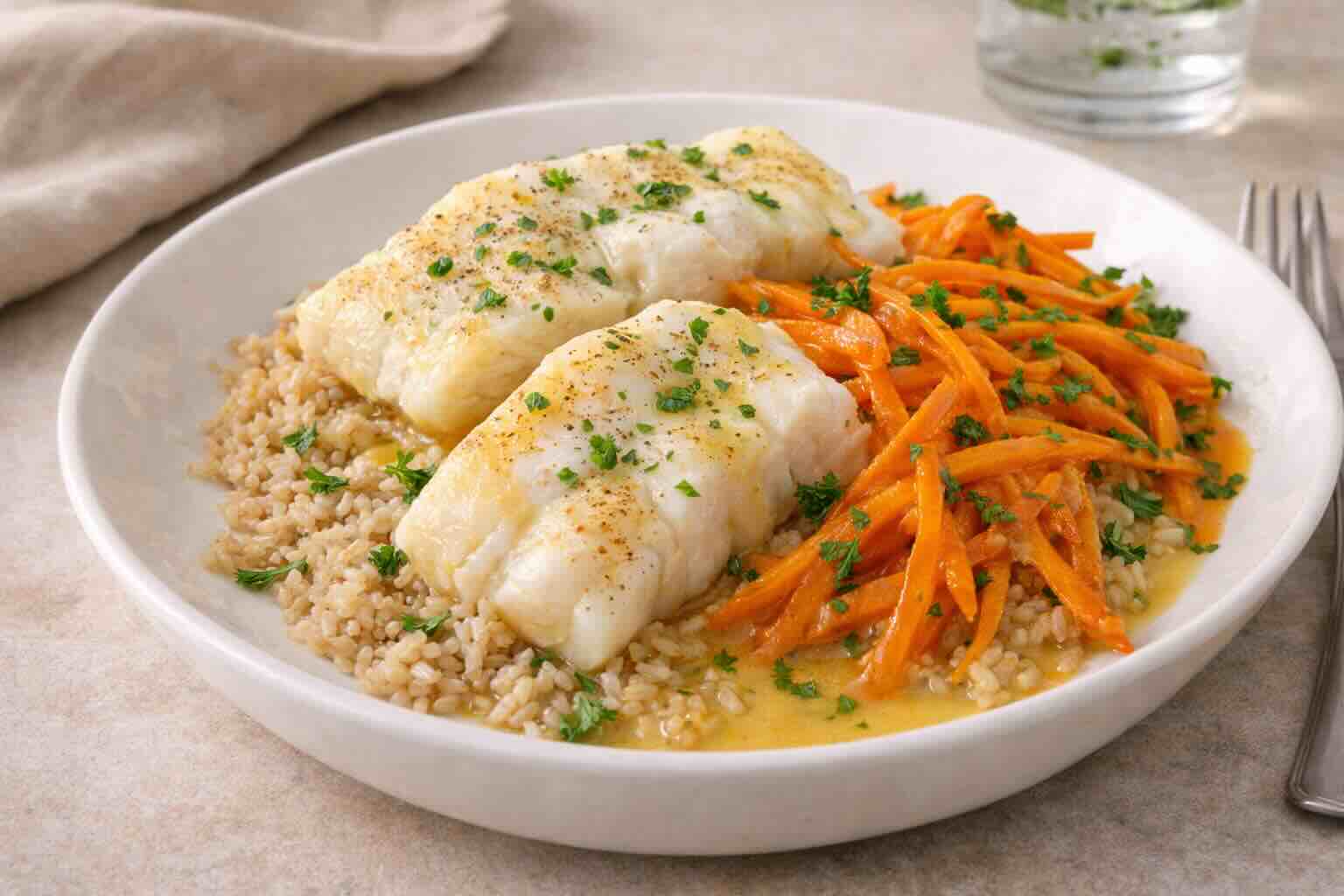 Kabeljaufilet mit Karottenstreifen und Reis