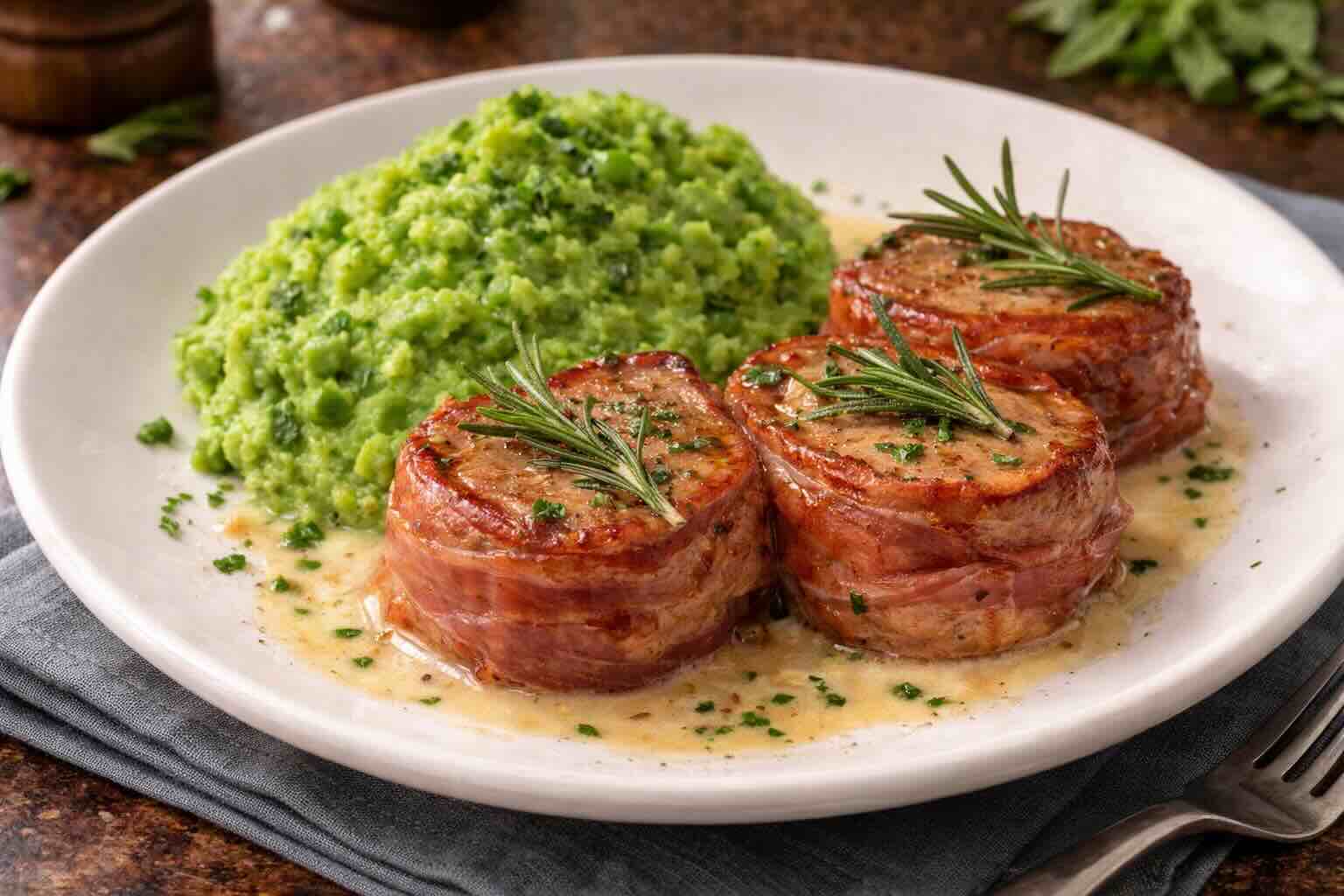 Umwickelte Kalbsmedaillons mit Erbsenpüree