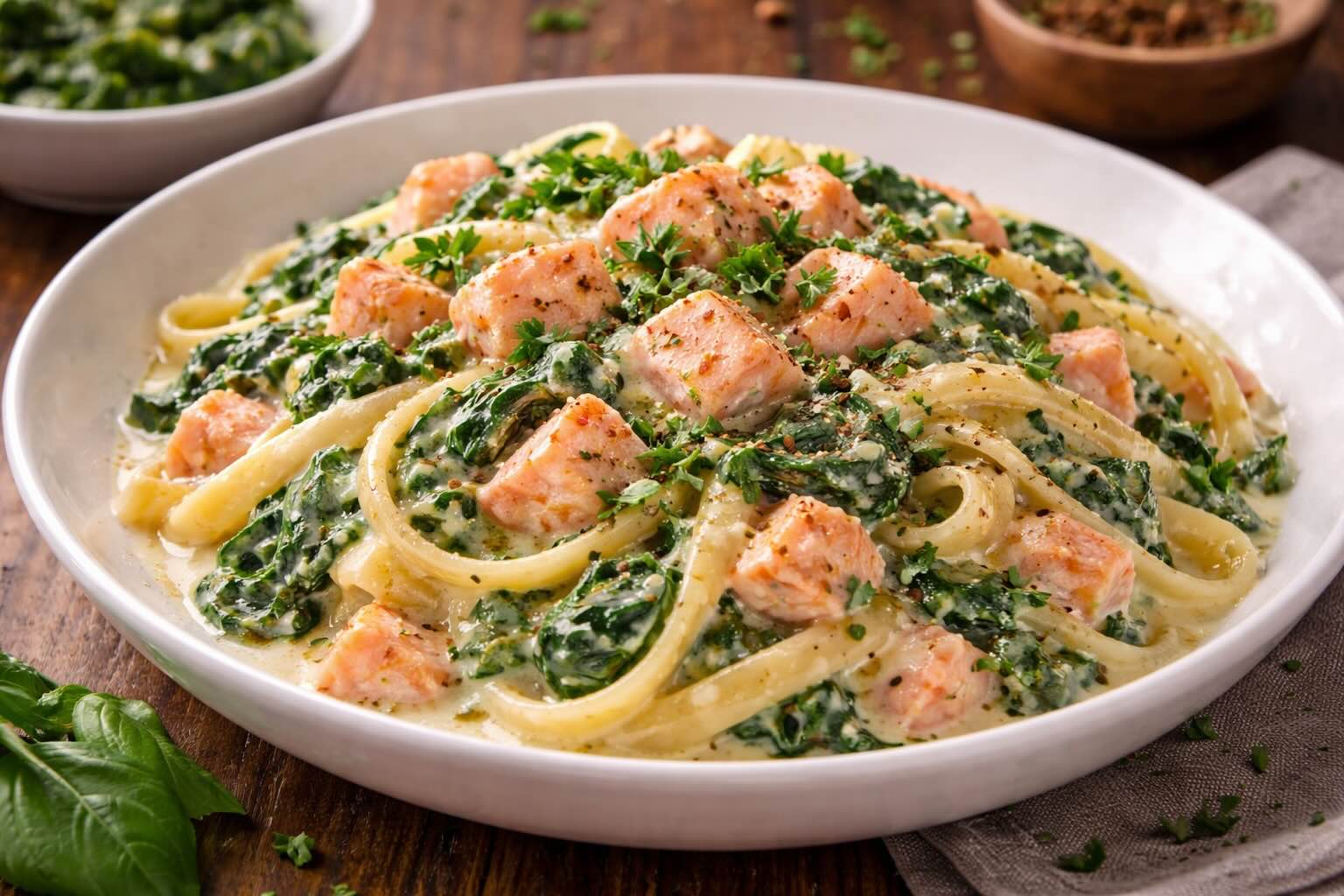 Lachsnudeln mit Spinat
