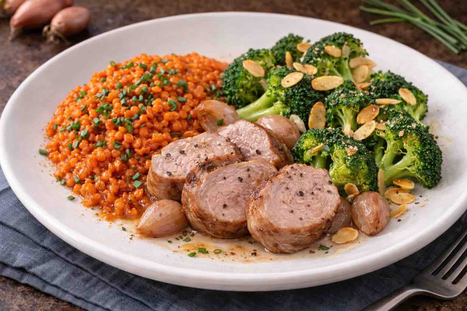 Linsen mit Filetscheiben und Mandelbrokkoli