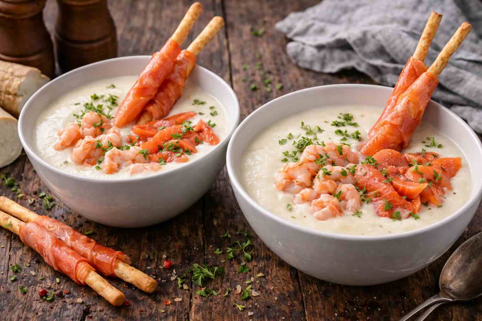 Meerettichsuppe mit Lachs und Krabben