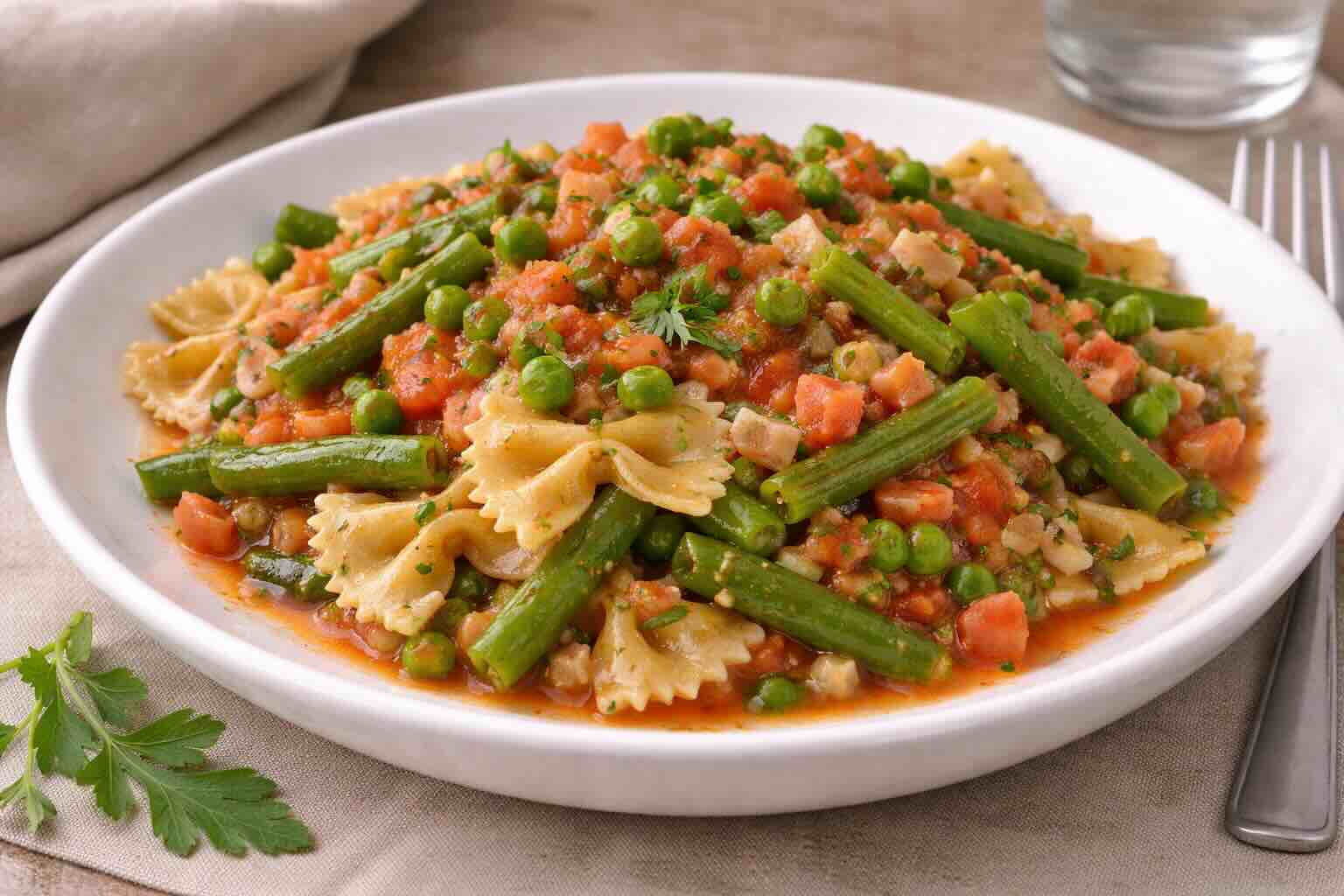 Pasta mit grünen Bohnen und Tomaten-Erbsen-Ragout