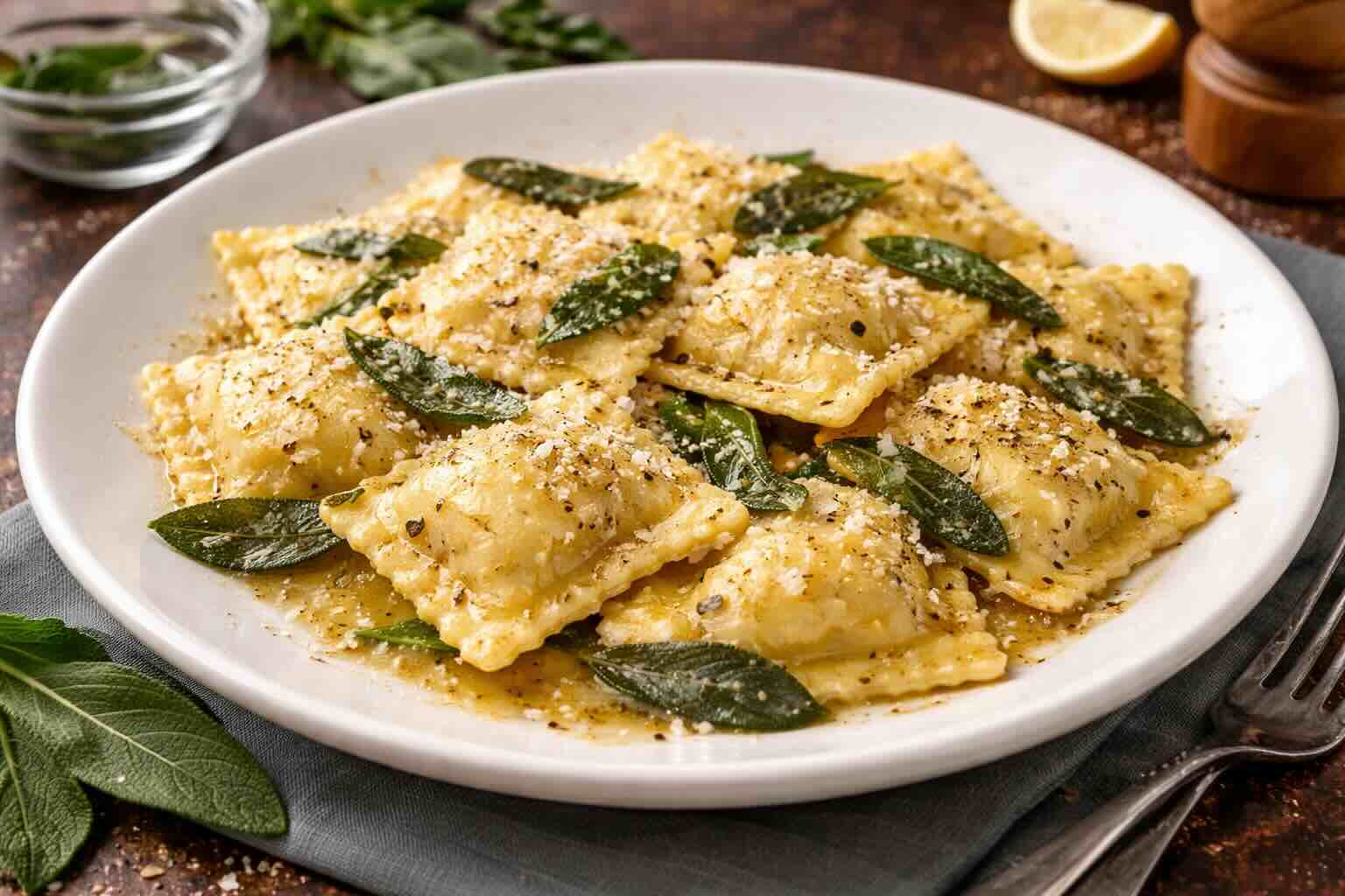 Ricotta-Parmesan-Ravioli in Salbeibutter